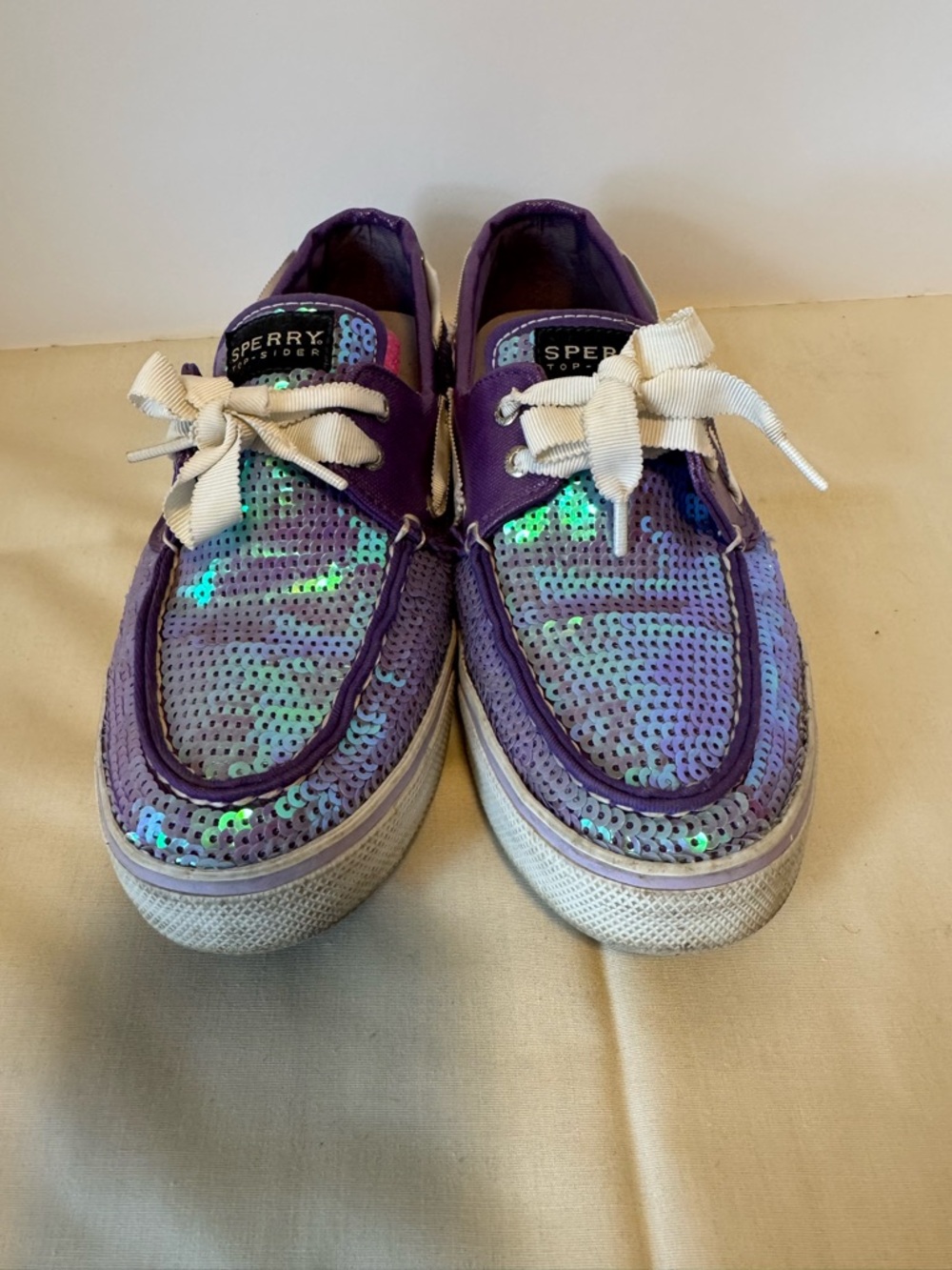 Sperry Purple Sequin Boat Shoes with White Laces